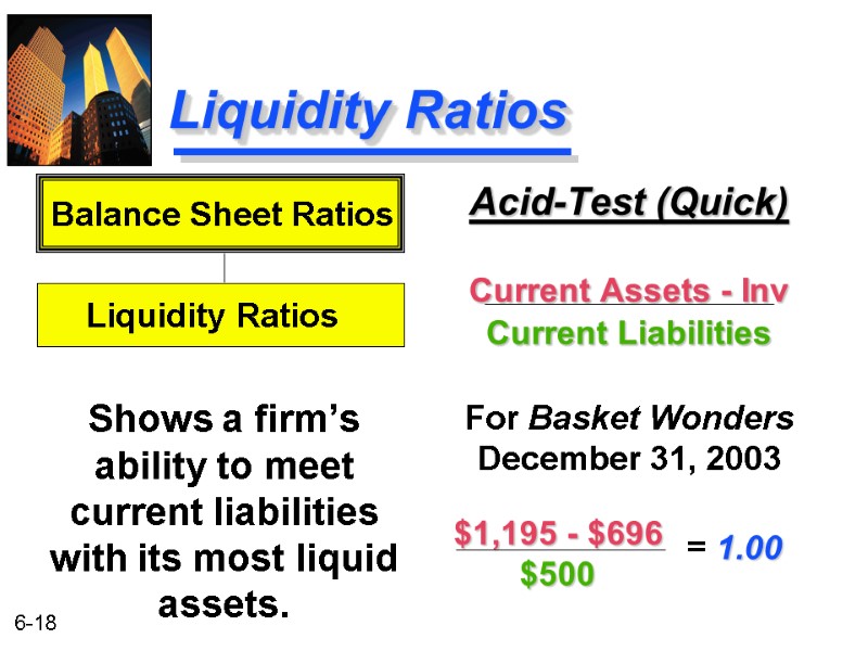 Liquidity Ratios Acid-Test (Quick)  Current Assets - Inv Current Liabilities  For Basket
